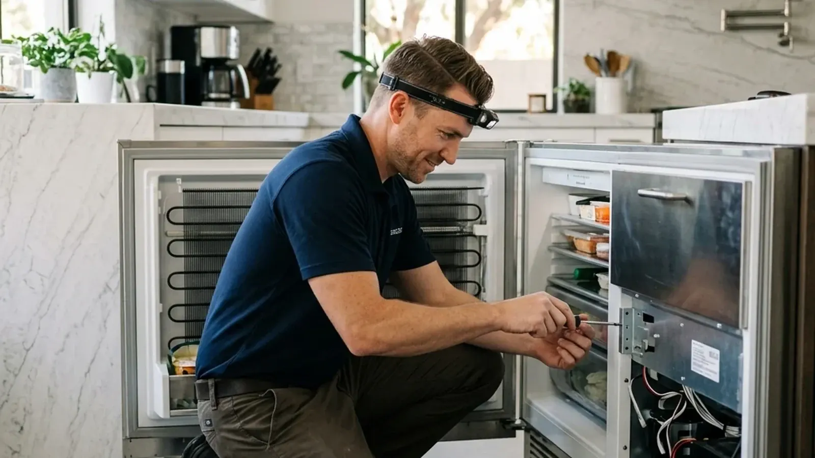 Certified technician repairing a built-in Sub-Zero refrigerator in a Scottsdale luxury kitchen